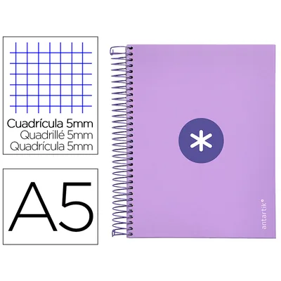 ANTARTIK Cuaderno Espiral A5 Micro Antartik Tapa FORRADA120H 90 GR Cuadro 5MM 5 Banda 6 Taladros Color Lavanda