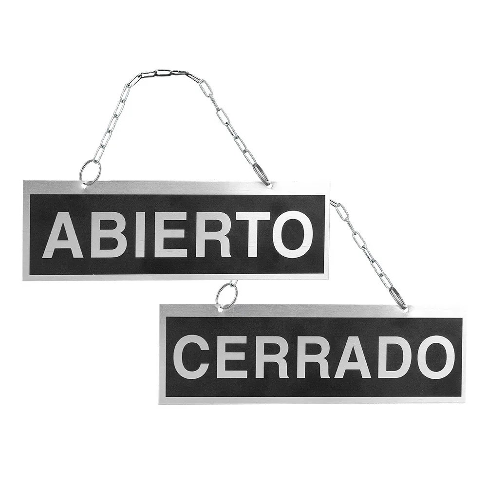 Letrero de Aluminio Serigrafiado Abierto y Cerrado con Cadena y Ventosa para Colgar 232X74 MM