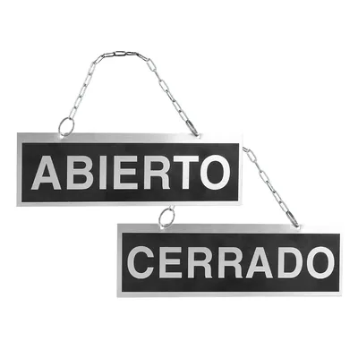 BLANCA Letrero de Aluminio Serigrafiado Abierto y Cerrado con Cadena y Ventosa para Colgar 232X74 MM