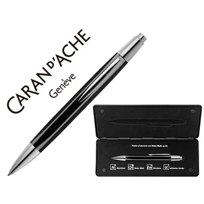 Boligrafo Caran D'ache Alchemix Cuerpo Laca Negra Adornos Cromados Brillante con Estuche Punta Media