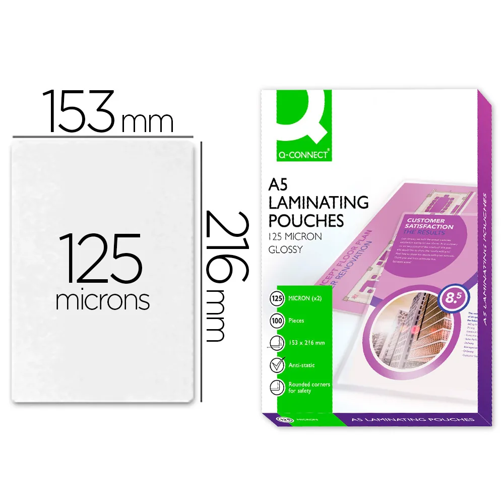 Bolsa de Plastificar Q-Connect 153 X 216 MM 125 Mc DIN A5 a Caja de 100 Unidades