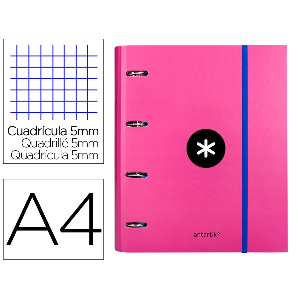 Carpeta con Recambio Antartik A4 Cuadro 5MM Forrada 4 Anillas 40MM Redondas con Solapa Color Rosa