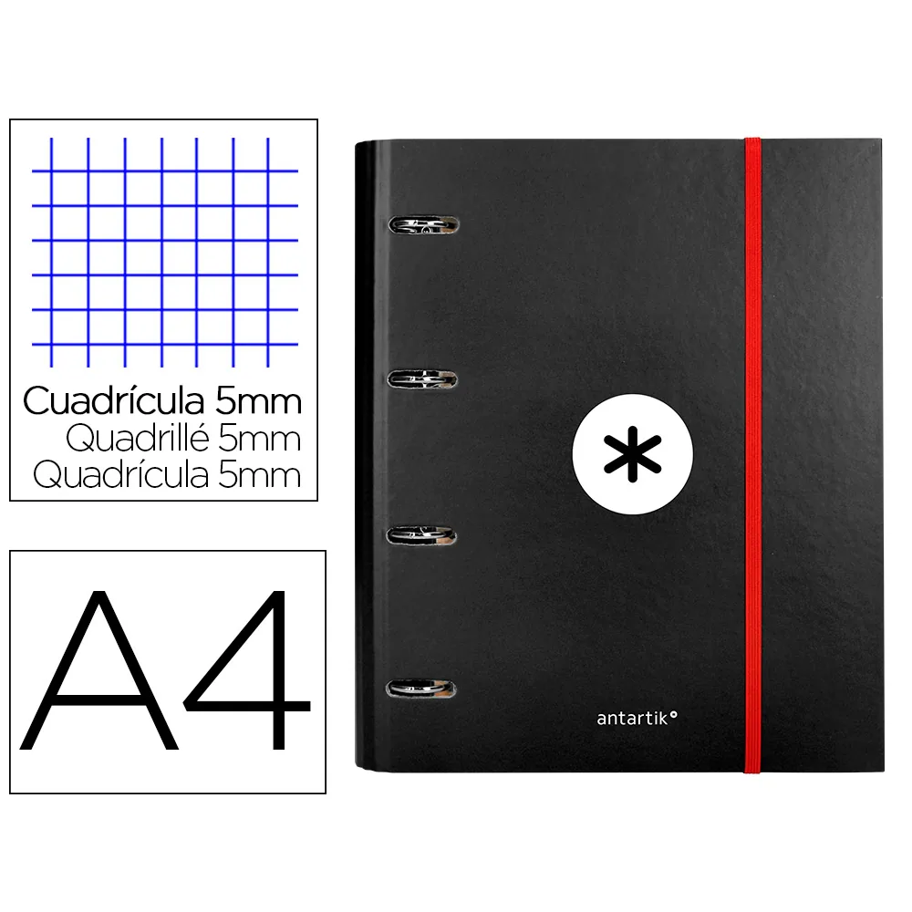Carpeta con Recambio Antartik A4 Cuadro 5MM Forrada 4 Anillas 40MM Redondas con Solapa Color Negro