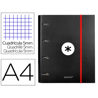 ANTARTIK Carpeta con Recambio Antartik A4 Cuadro 5MM Forrada 4 Anillas 40MM Redondas con Solapa Color Negro