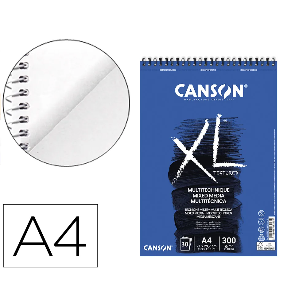 Bloc Dibujo Acuarela Canson Xl Mix Media Grano Medio DIN A4 Microperforado Espiral 21X29,7 CM 30 Hojas 300 GR/M2