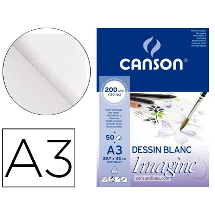Bloc Dibujo Multitecnicas Canson Imagine DIN A3 Encolado Liso 29,7X42 CM 50 Hojas 200 GR/M2