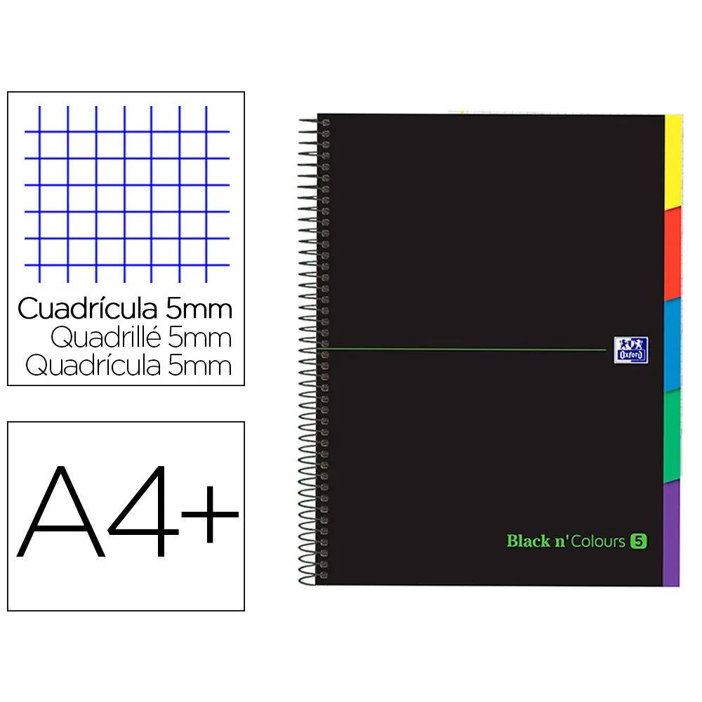 Cuaderno Espiral Oxford Ebook 5 Tapa Extradura DIN A4+ 100 H con Separadores Cuadricula 5 MM Black'n Colors Verde