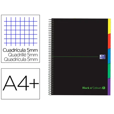 OXFORD Cuaderno Espiral Oxford Ebook 5 Tapa Extradura DIN A4+ 100 H con Separadores Cuadricula 5 MM Black'n Colors Verde