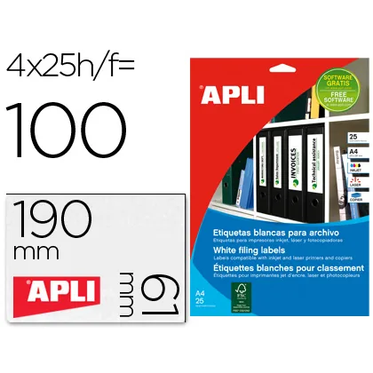 Etiqueta Adhesiva Apli 1233 Tamaño 190X61 MM para Fotocopiadora Laser Ink-jet Caja 25 Hojas con 100
