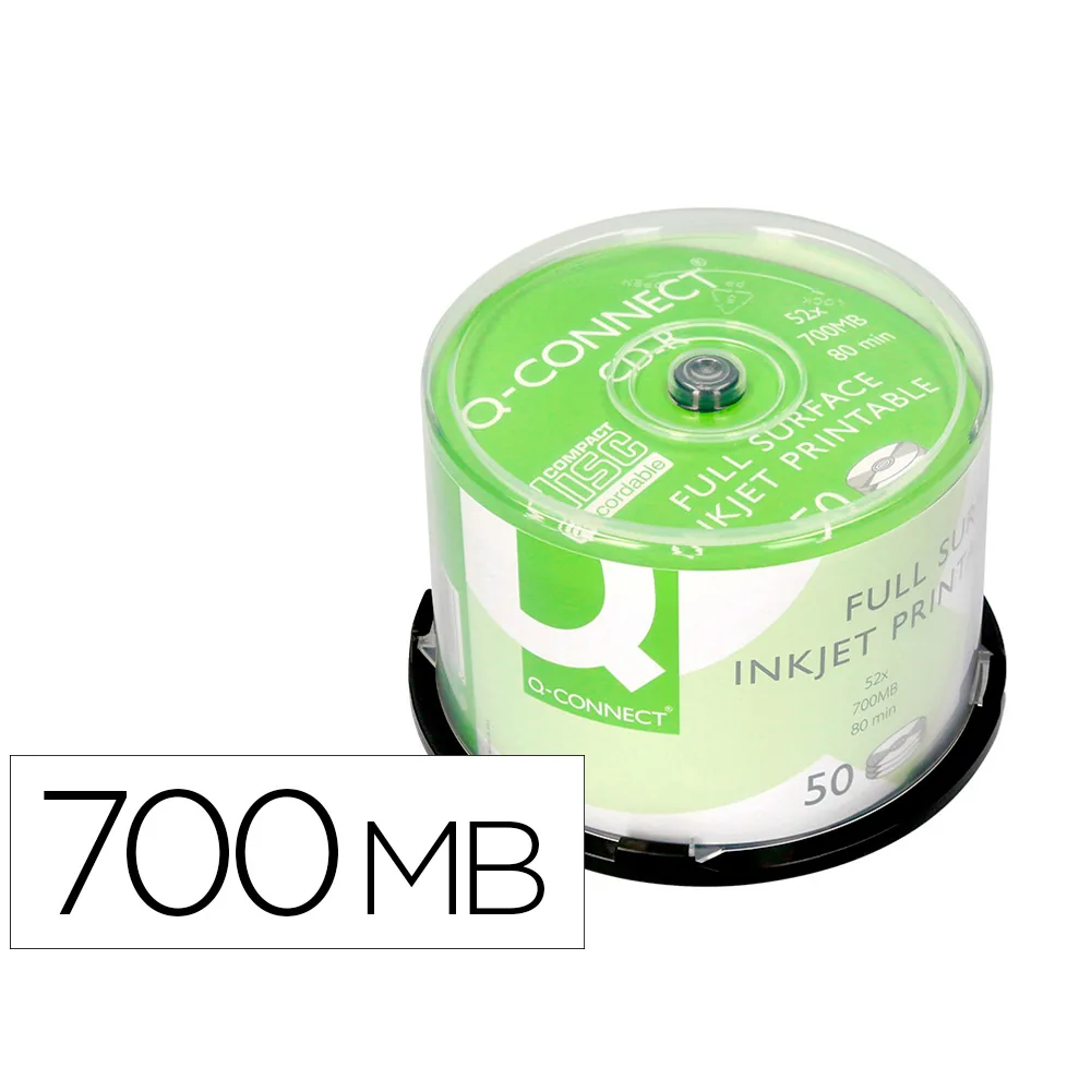 Cd-r Q-Connect con Superficie 100% Imprimible para Inkjet Capacidad 700MB Duracion 80MINVELOCIDAD 52X Bote de 50 Unid