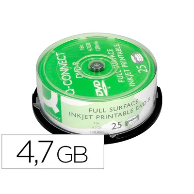 Q-CONNECT Dvd-r Q-Connect con Superficie 100% Imprimible para Inkjet Capacidad 4,7GB Duracion 120MIVELOCIDAD 16X Bote de 25 Unid