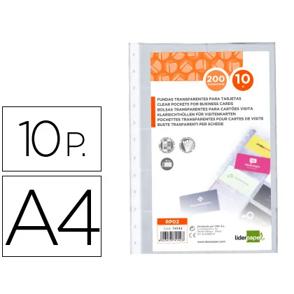 Recambio Fundas Liderpapel DIN A4 para Tarjetero Bolsa de 10 Hojas Capacidad 20 Tarjetas por Hoja