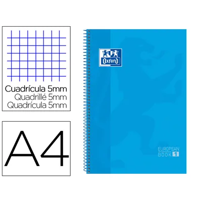 OXFORD Bloc Espiral Oxford European Book Tapa Extradura DIN A4 80 Hojas Cuadricula 5 MM Color Turquesa