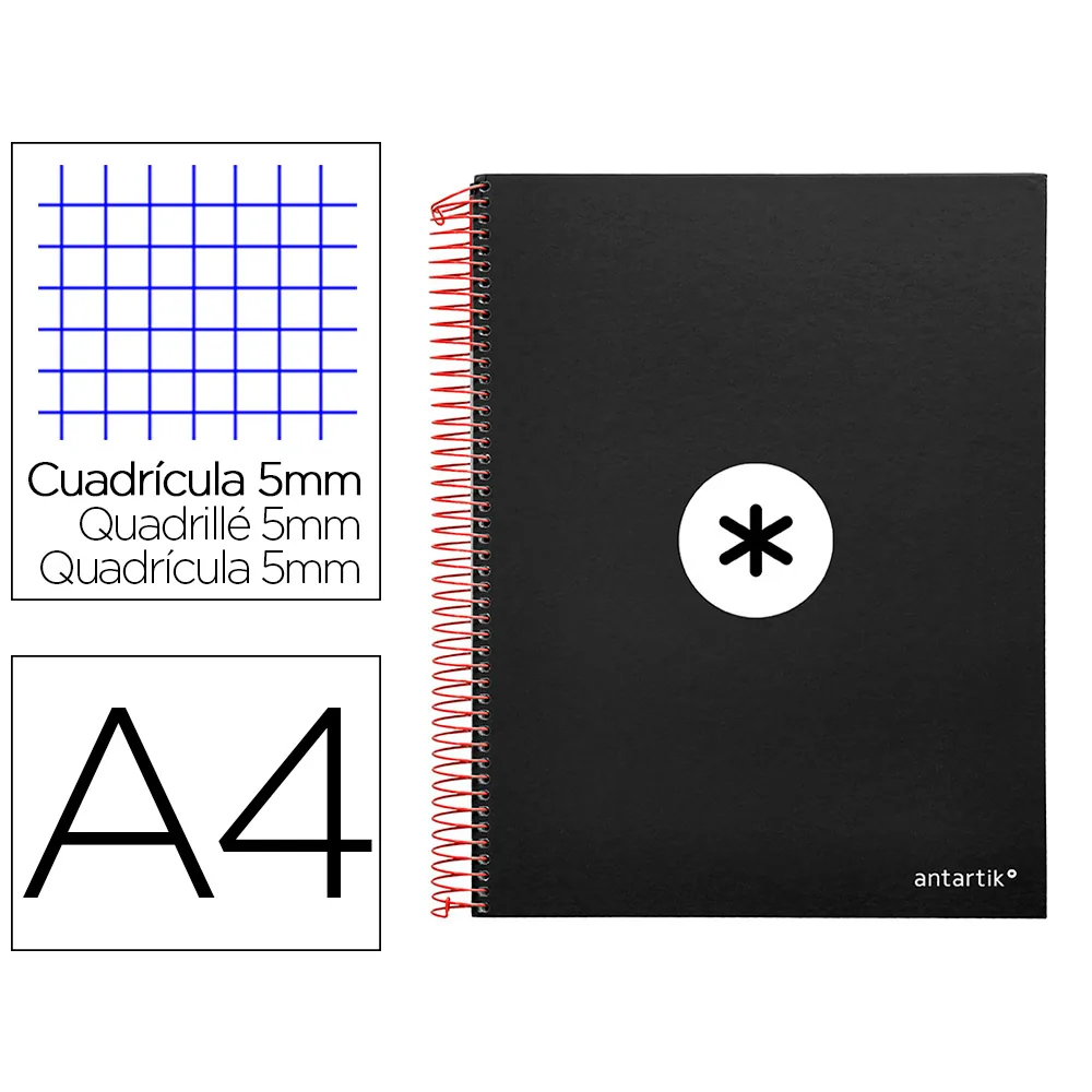 Cuaderno Espiral A4 Micro Antartik Tapa Forrada 120H 90 GR Cuadro 5MM 5 Bandas 4 Taladros Color Negro