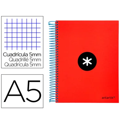 ANTARTIK Cuaderno Espiral A5 Micro Antartik Tapa FORRADA120H 90 GR Cuadro 5MM 5 BANDAS6 Taladros Color Rojo