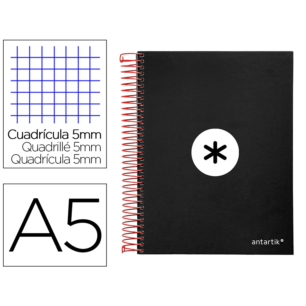 Cuaderno Espiral A5 Micro Antartik Tapa FORRADA120H 90 GR Cuadro 5MM 5 BANDAS6 Taladros Color Negro