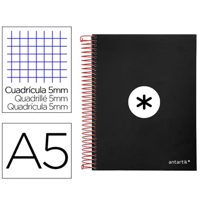 ANTARTIK Cuaderno Espiral A5 Micro Antartik Tapa FORRADA120H 90 GR Cuadro 5MM 5 BANDAS6 Taladros Color Negro