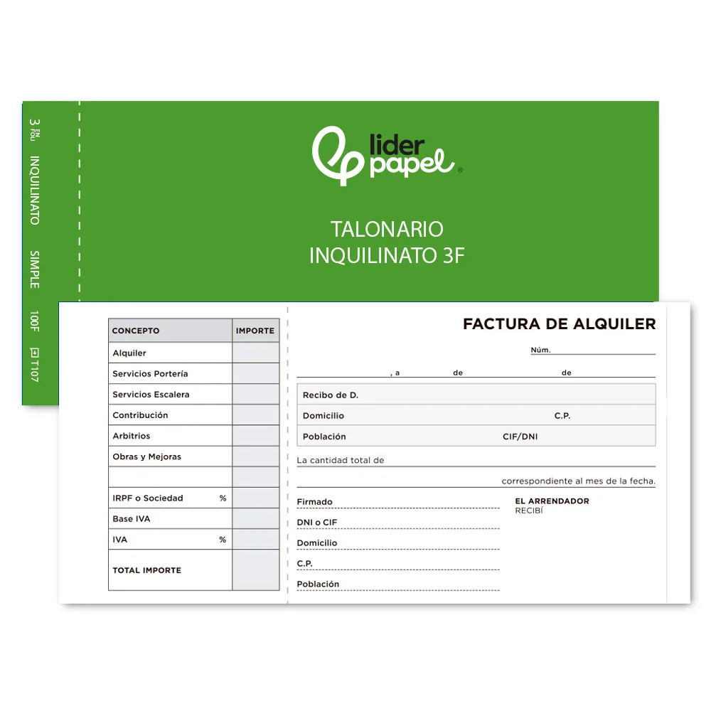 Talonario Liderpapel Inquilinato Tres en Folio 107 con Condiciones