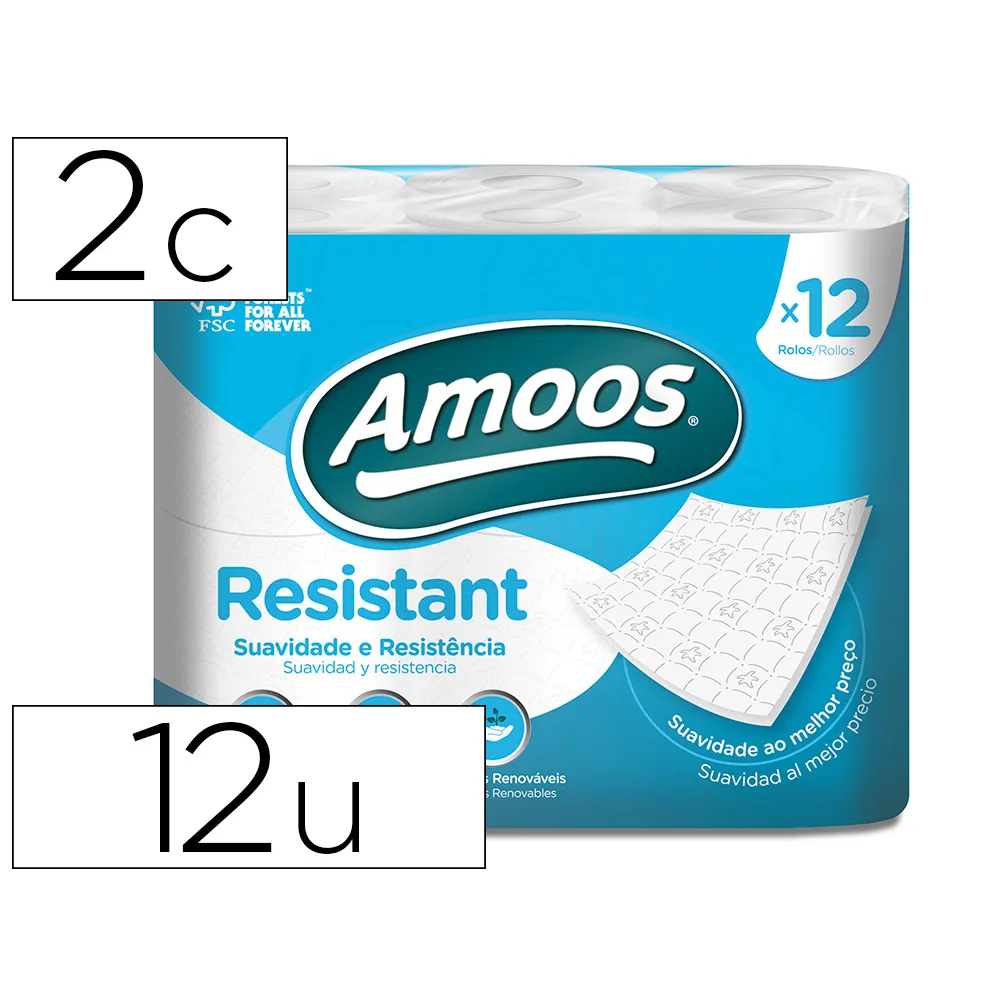 Papel Higienico Amoos 2 Capas 100 MM Diametro X 87 MM Alto Paquete de 12 Rollos