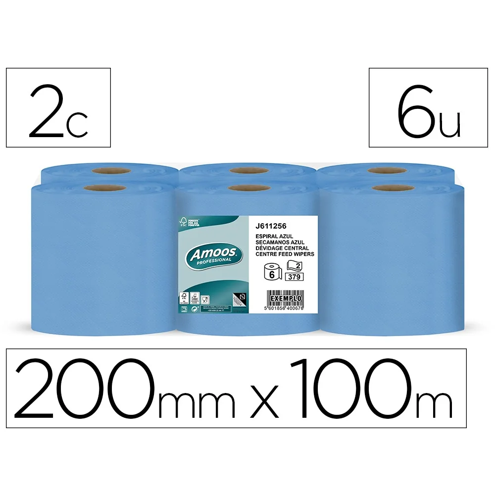Papel Secamanos Amoos 2 Capas Professional 192 MM X 125 M Color Azul Paquete de 6 Rollos