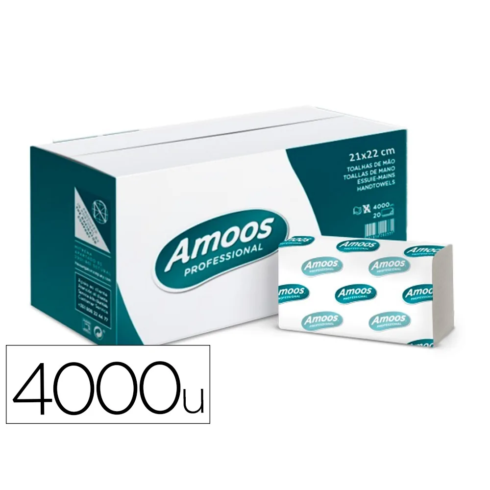Toalla de Papel Secamanos Amoos Engarzada 2 Capas 21X22 CM Caja de 4000 Unidades