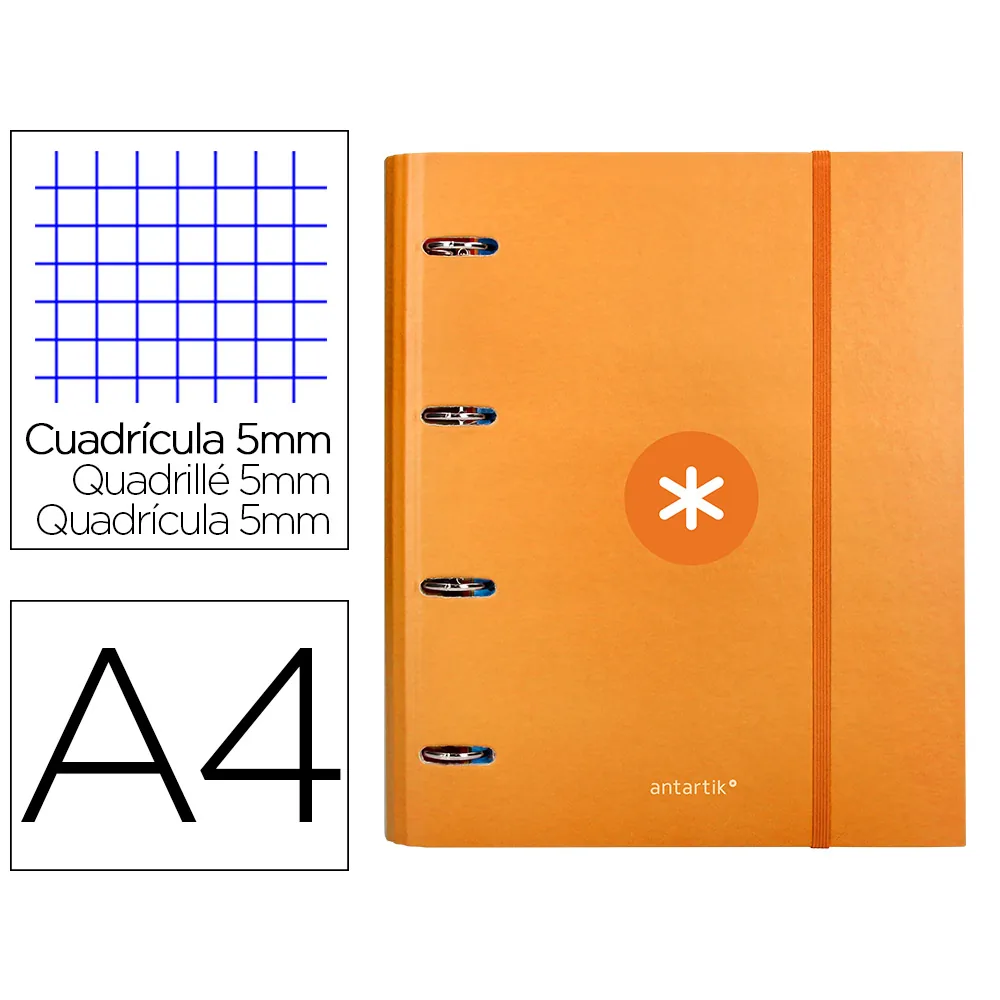 Carpeta con Recambio Antartik A4 Cuadro 5MM Forrada 4 Anillas 40MM Redondas con Solapa Color Mostaza