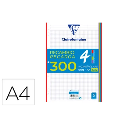 CLAIREFONTAINE Recambio Clairefontaine DIN A4 300 Hojas 90 GR Cuadro 5 MM con Bandas de 5 Colores Vivos