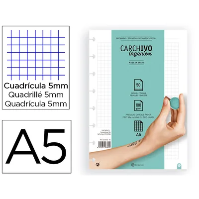 CARCHIVO Recambio Carchivo para Cuaderno Ingeniox DIN A5 50 Hojas Cuadricula