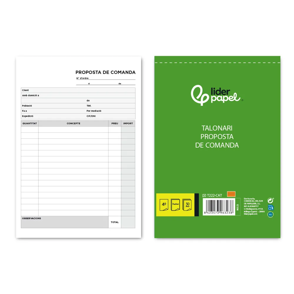 Talonario Liderpapel Pedidos Cuarto Original y Copia T222 Texto en Catalan