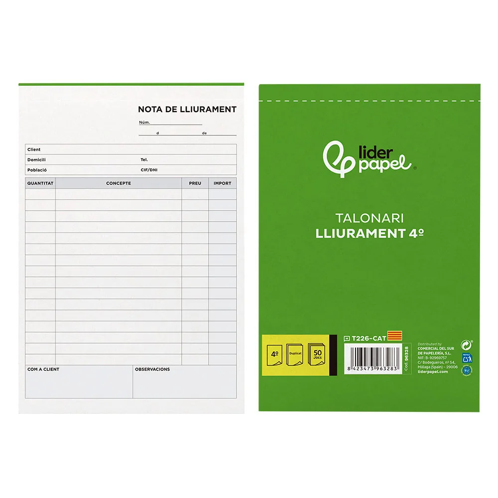 Talonario Liderpapel Entregas Cuarto Original y Copia T226 Texto en Catalan