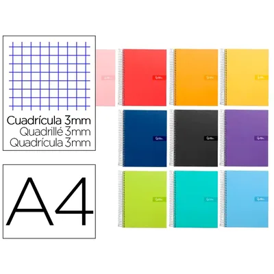 3M Cuaderno Espiral Liderpapel A4 Crafty Tapa Forrada 80H 90 GR Cuadro 3MM con Margen Colores Surtidos