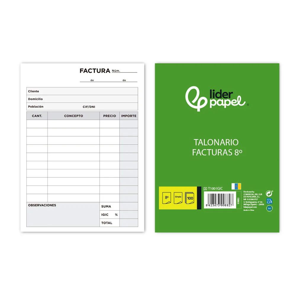 Talonario Liderpapel Facturas 8º Original T100 con I.g.i.c.